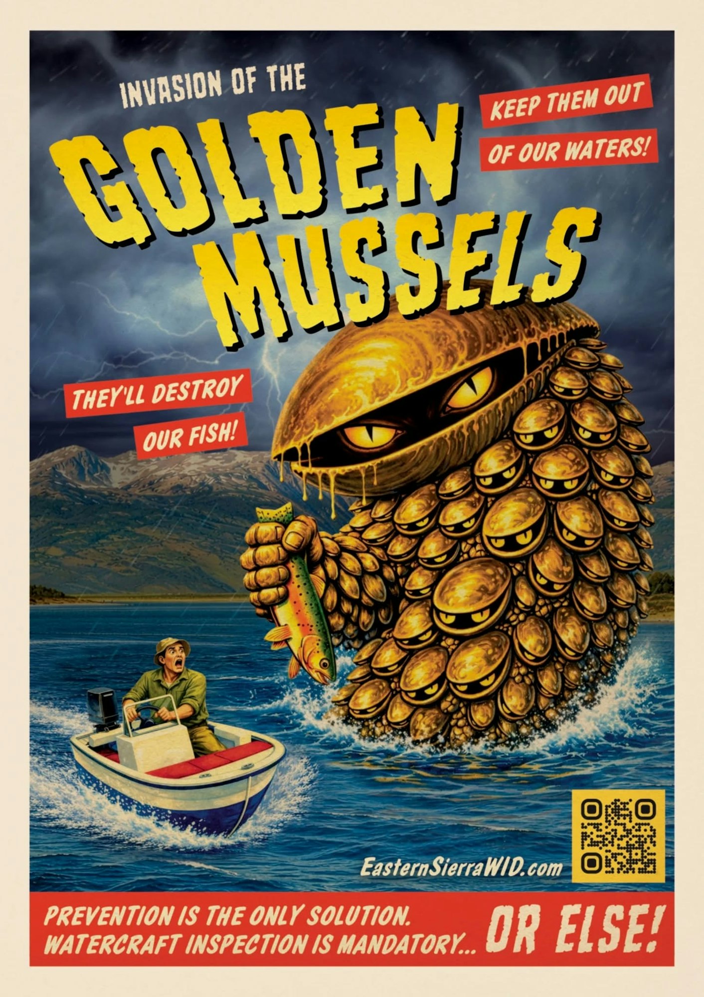A poster warning about the threat of golden mussels invading waters, emphasizing prevention and mandatory watercraft inspections.
