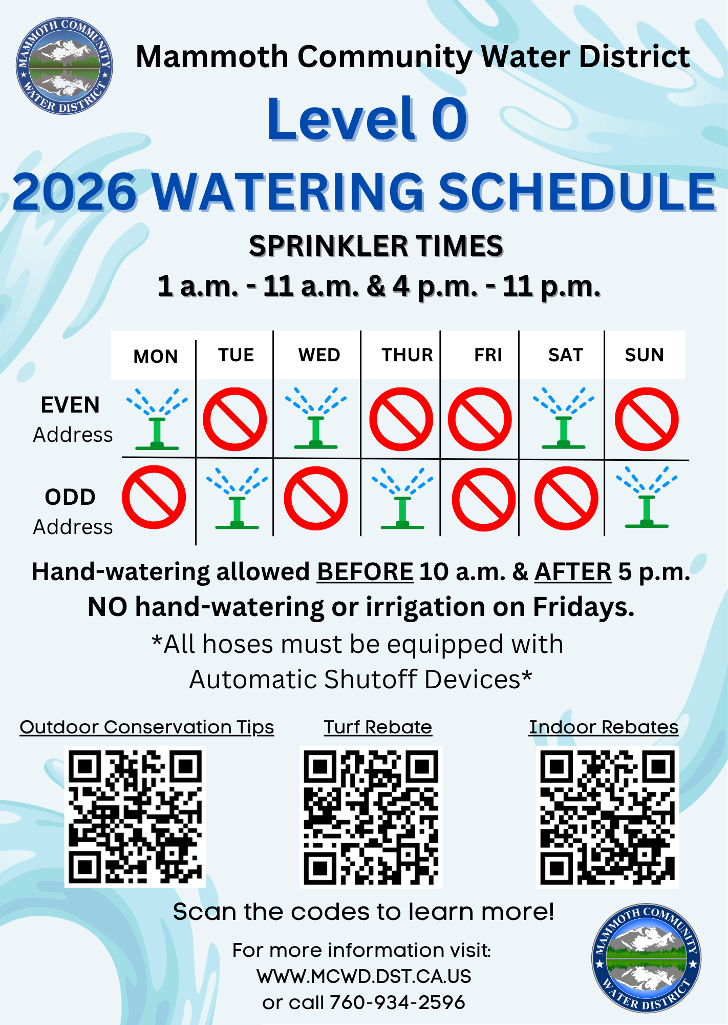 Mammoth Water District's 2026 watering schedule allows sprinklers at specific times; hand-watering rules apply. Check QR codes for details.