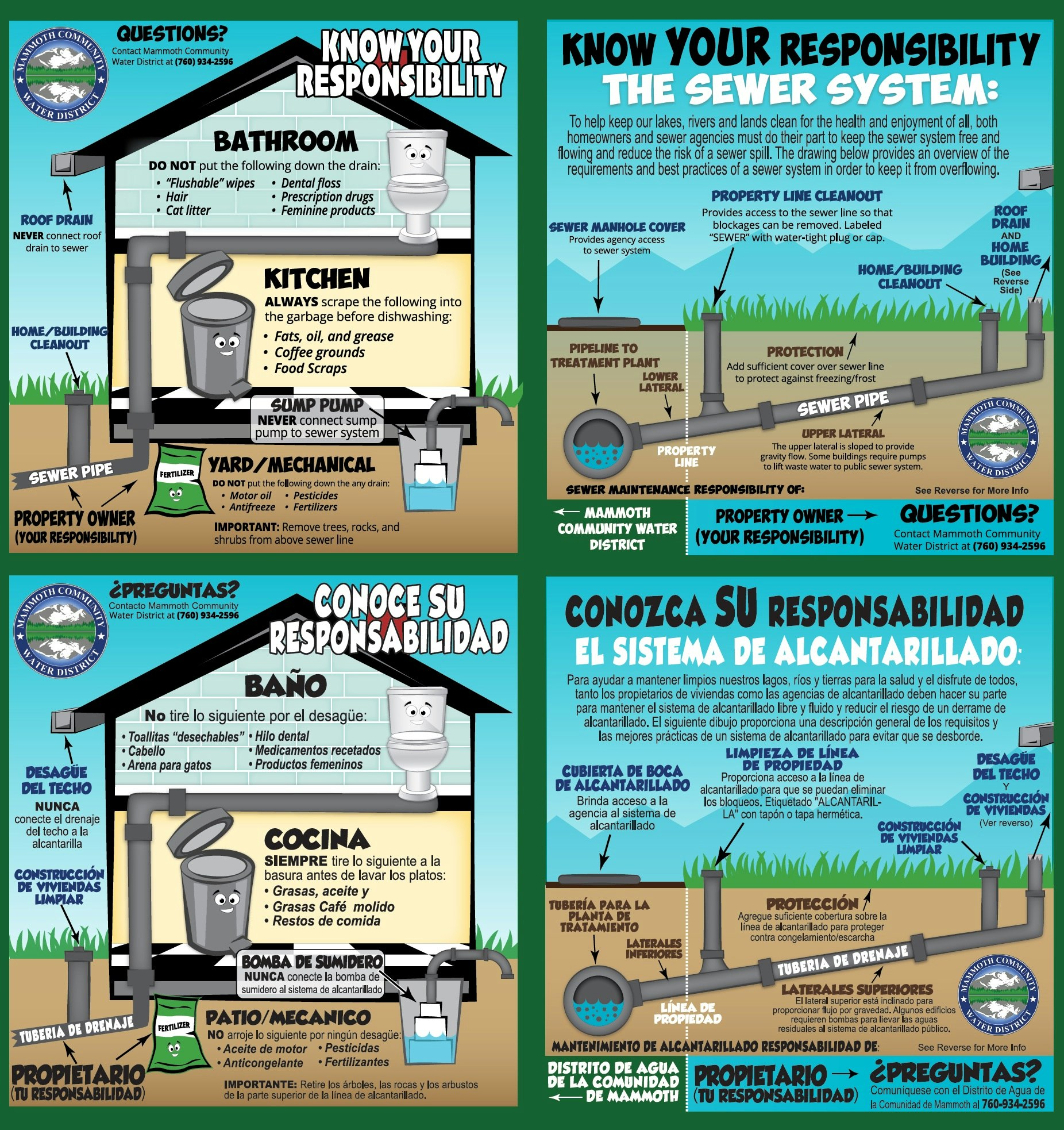 Instructions on sewer and drain responsibilities, showing what not to flush and how to maintain the system. Available in English and Spanish.