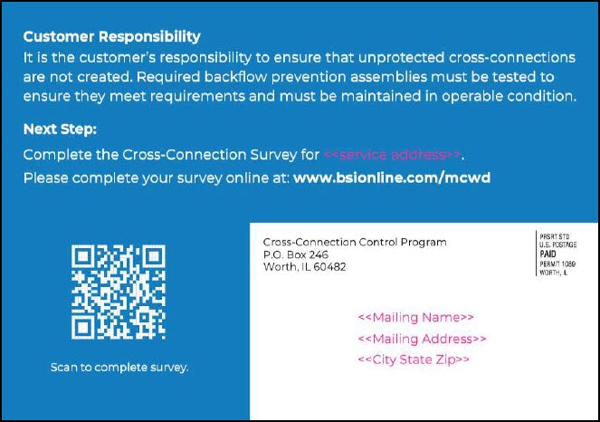 Customer survey notice about cross-connection responsibilities, with a QR code and mailing address for response.