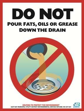 A sign advising not to pour fats, oils, or grease down the drain, shown with a red prohibition symbol.