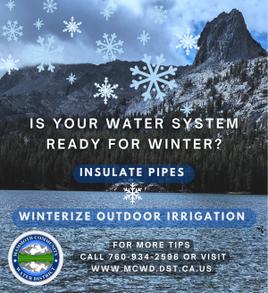The image promotes winterizing water systems by insulating pipes and outdoor irrigation. It includes a contact number and website for tips.