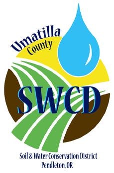 A logo featuring the acronym "SWCD" for Soil & Water Conservation District, a water droplet, green hills, and text for Umatilla County, Oregon.