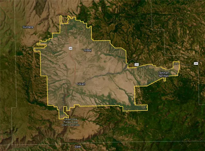Map highlighting an area in Oregon with highways 395 and 244, including Albee, Ukiah, and Lehman Springs, bordered by a yellow outline.