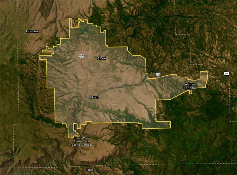 Map highlighting an area in Oregon with highways 395 and 244, including Albee, Ukiah, and Lehman Springs, bordered by a yellow outline.