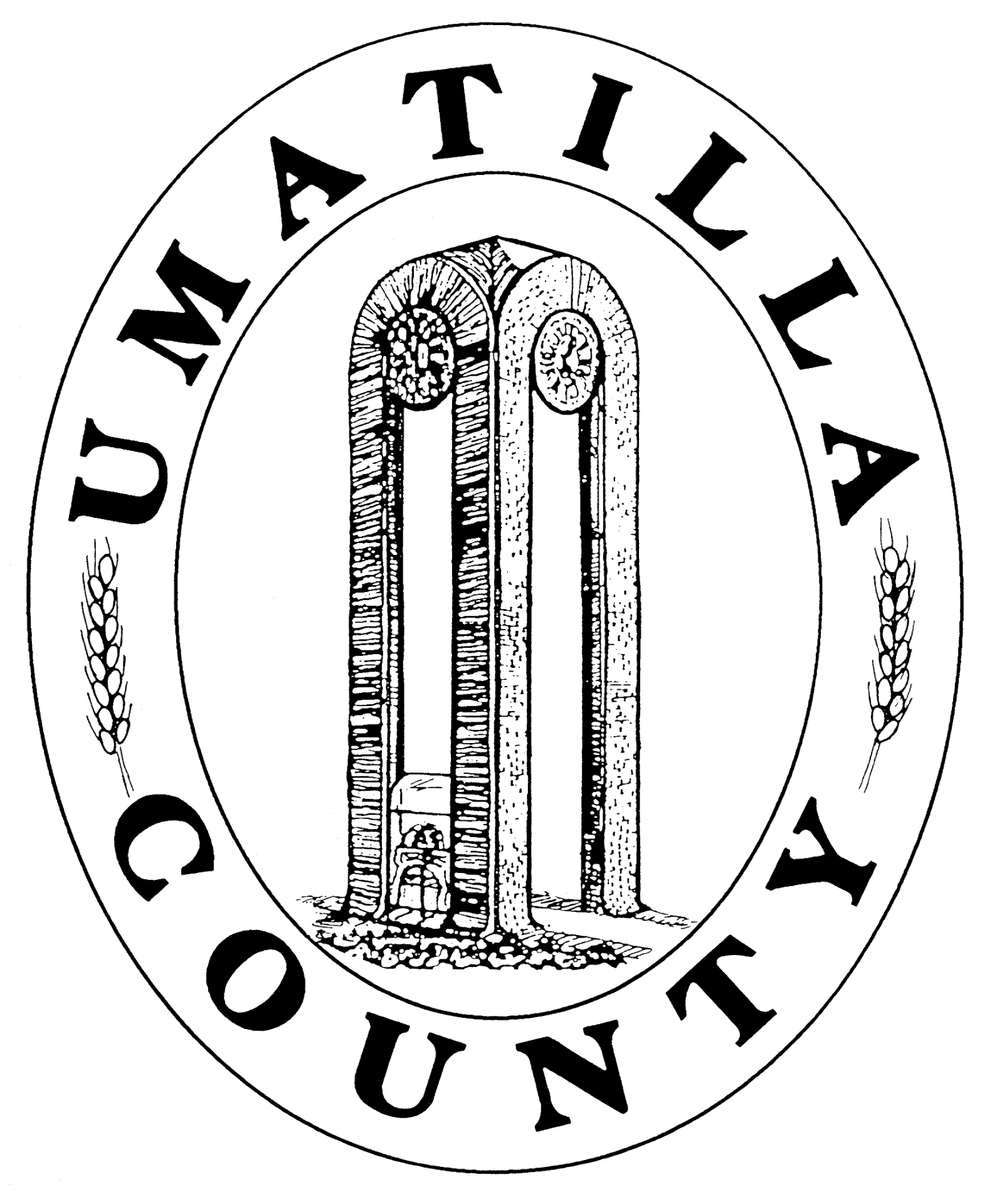 Seal of Umatilla County featuring wheat, columns, and a bucket in a well.
