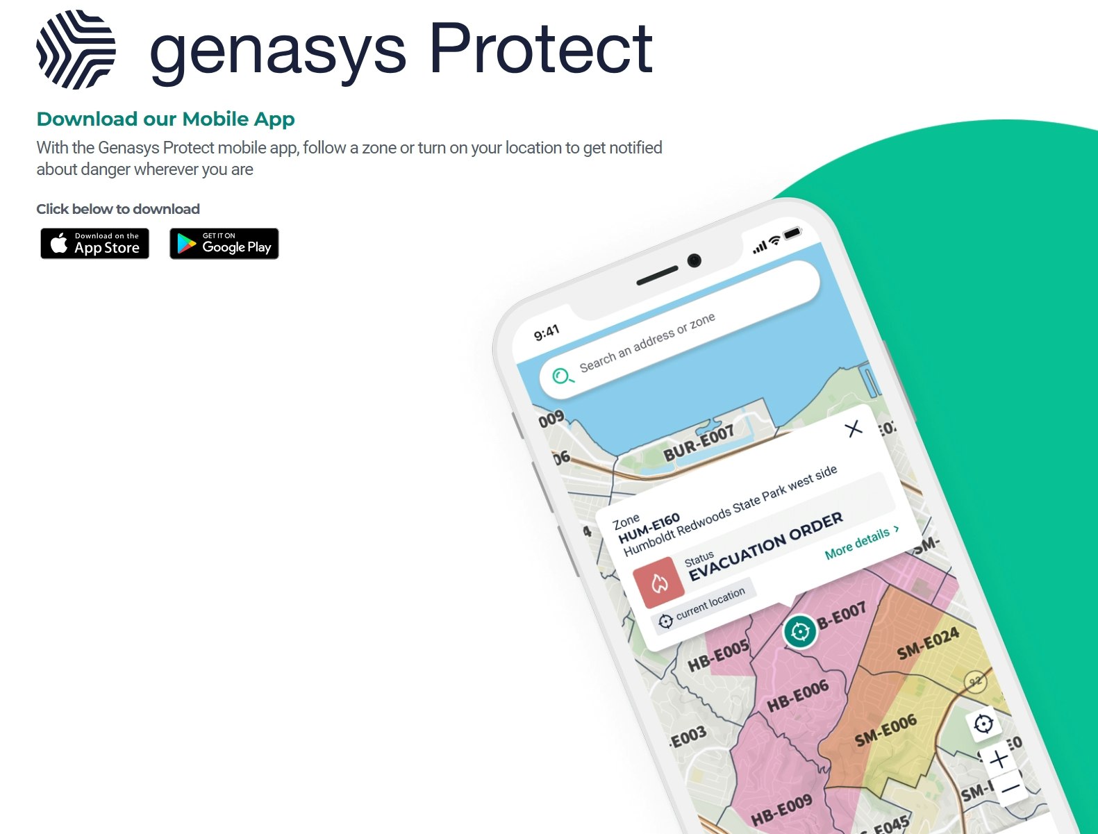 Mobile app "Genasys Protect" showing an evacuation order map. Available on App Store and Google Play.