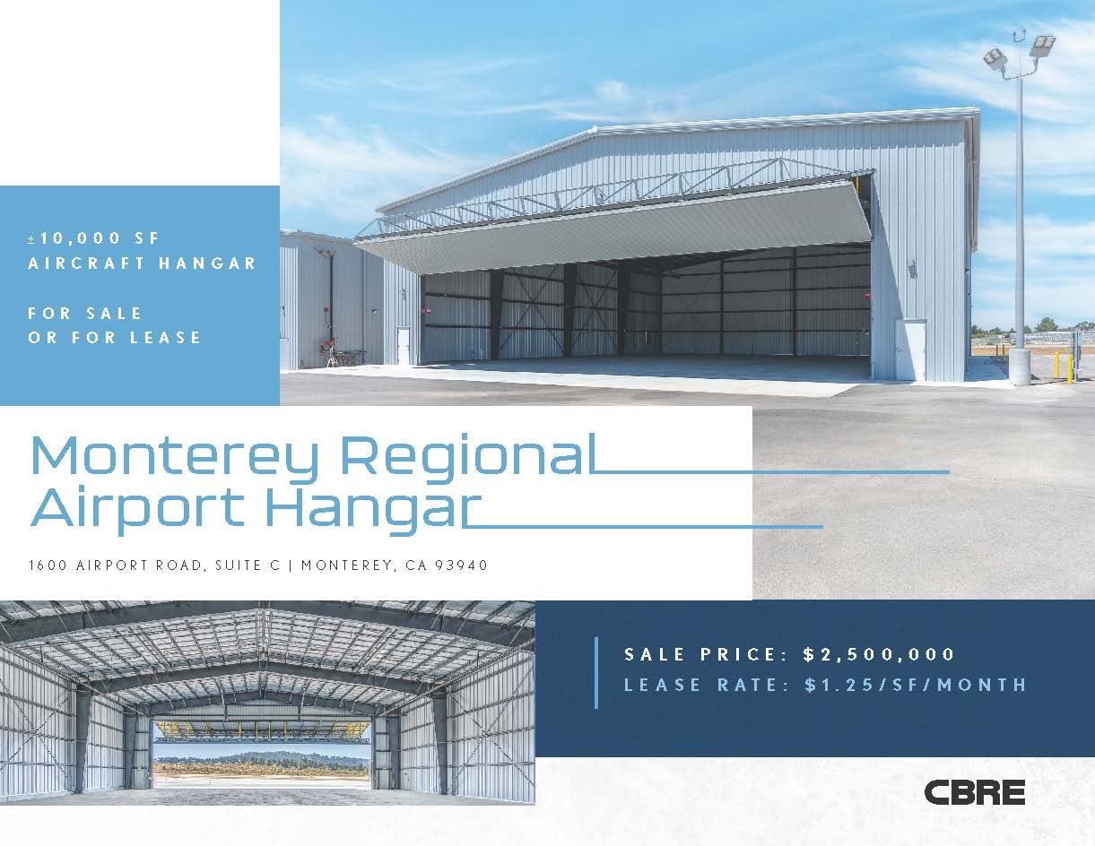 Aircraft hangar for sale or lease at Monterey Regional Airport, approximately 10,000 SF, with images of the exterior and interior.