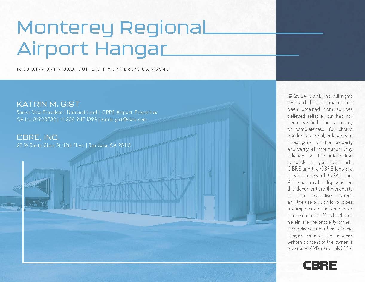 A promotional image for Monterey Regional Airport Hangar featuring company contact information and legal disclaimer.