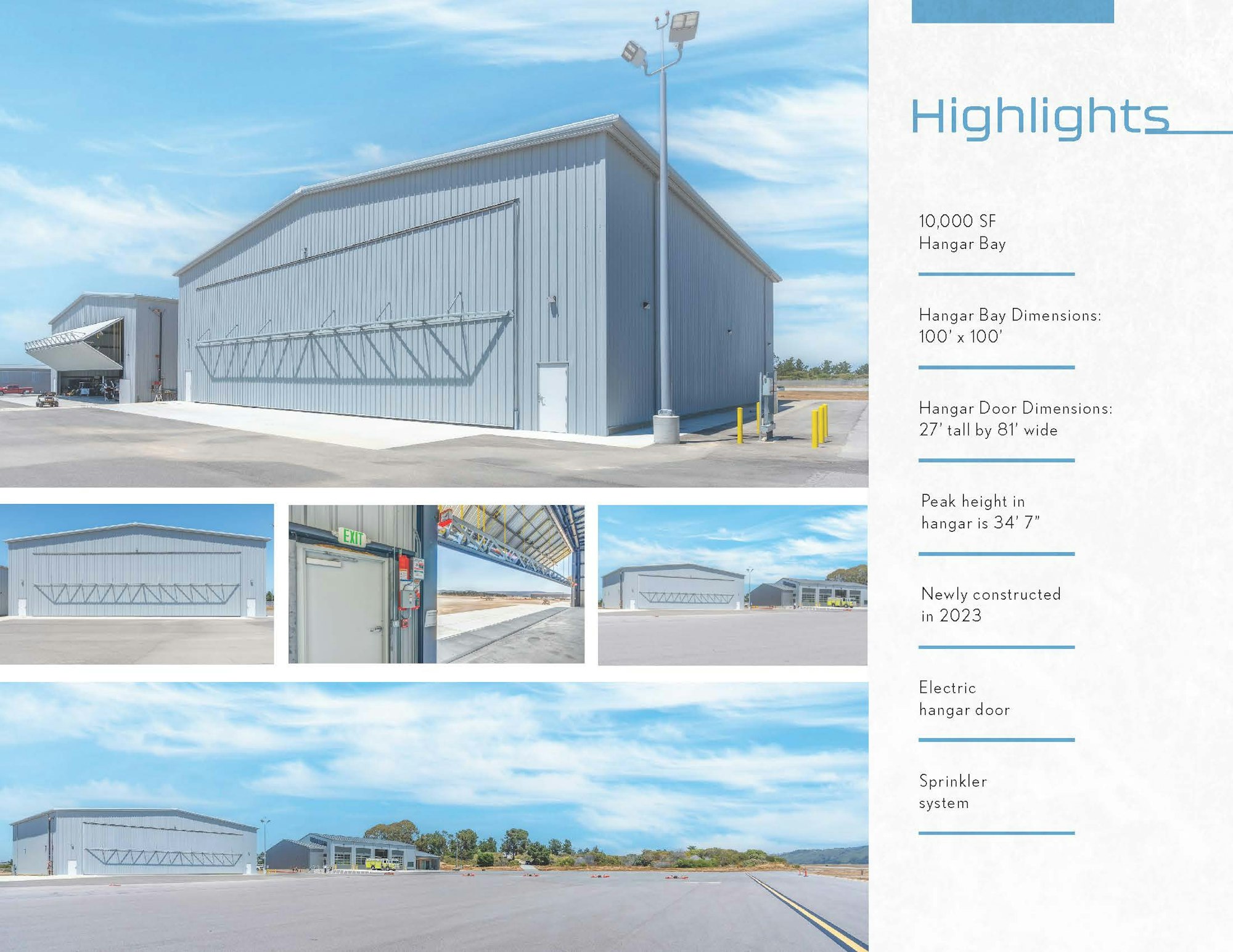 A brochure showcasing a new 10,000 SF hangar with dimensions, electric door, and sprinkler system.