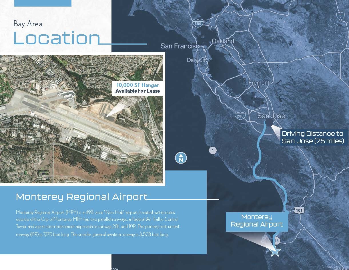 A map and satellite image focusing on Monterey Regional Airport detailing its features and distance to San Jose.