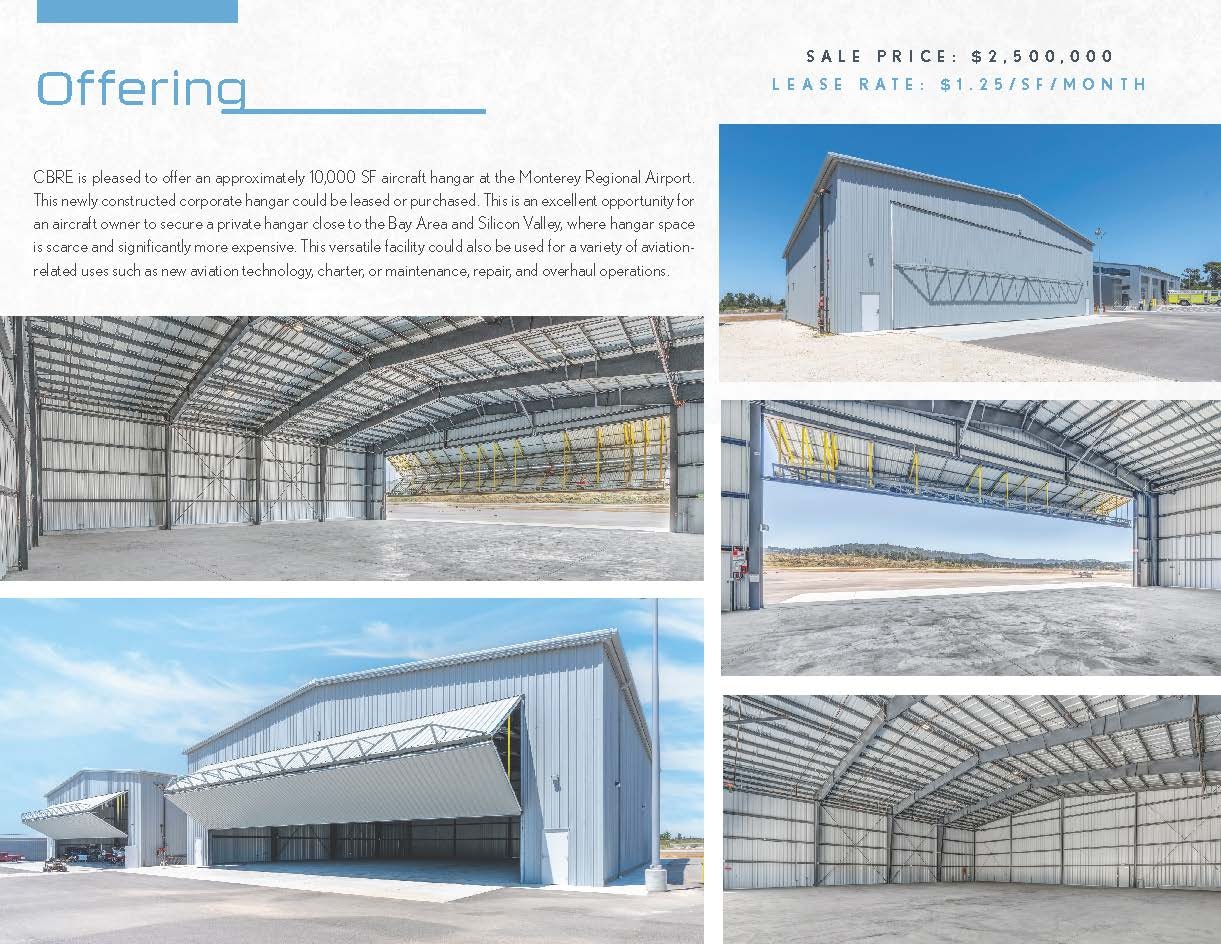 The image shows an advertisement for a large aircraft hangar, highlighting interior and exterior views, and sale/lease information.