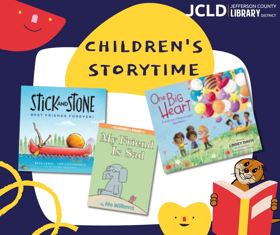 The image promotes a children's storytime at the Jefferson County Library District, featuring four books.
