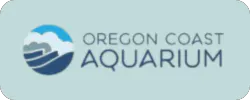 The image features a logo for the Oregon Coast Aquarium, showcasing waves and clouds in a modern design.