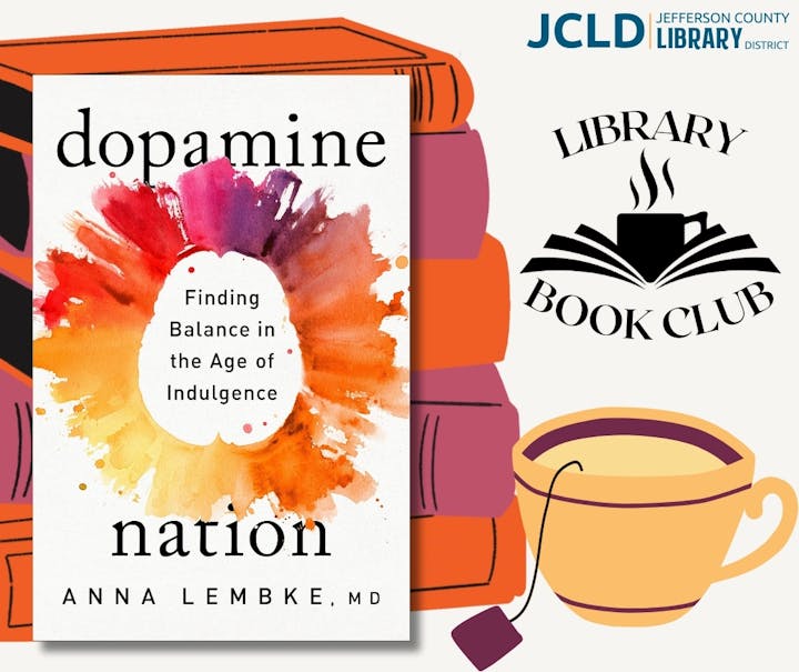 The image features the book "Dopamine Nation" by Anna Lembke, promoting a library book club with a cozy coffee graphic.