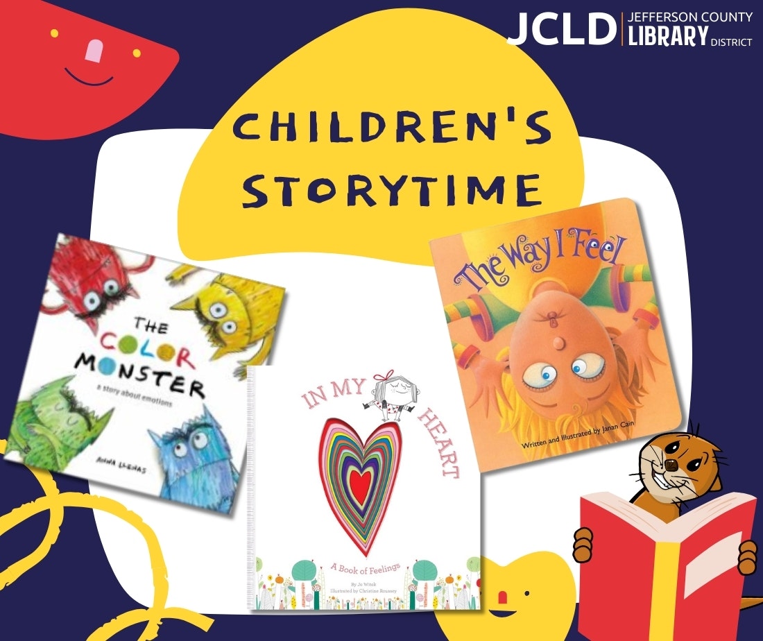 The image promotes a children's storytime at the Jefferson County Library, featuring three books about emotions.