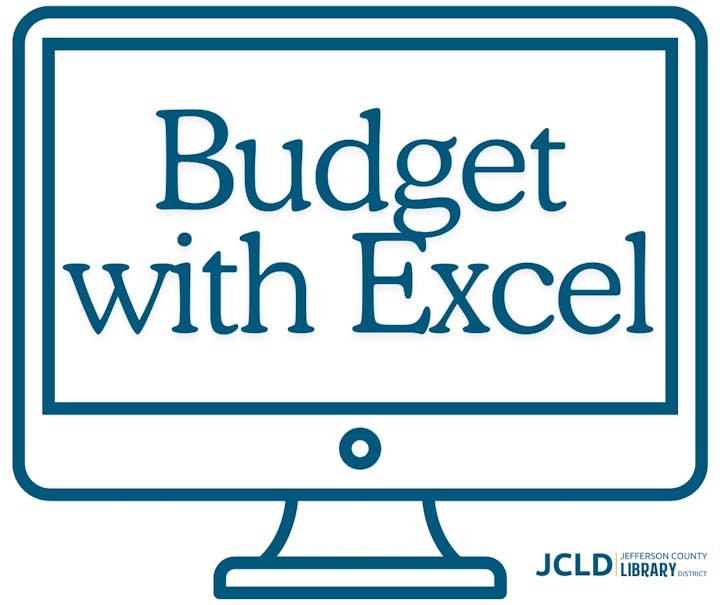 Computer screen graphic with "Budget with Excel" text and JCLD logo.