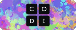 The image features the word "CODE" in black squares against a colorful, splattered background.
