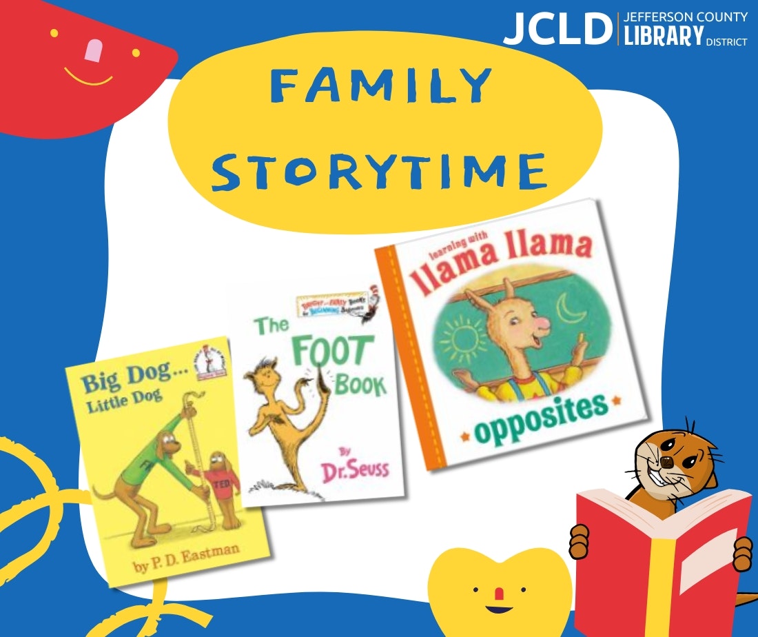 The image promotes a family storytime event at the Jefferson County Library with featured children's books.