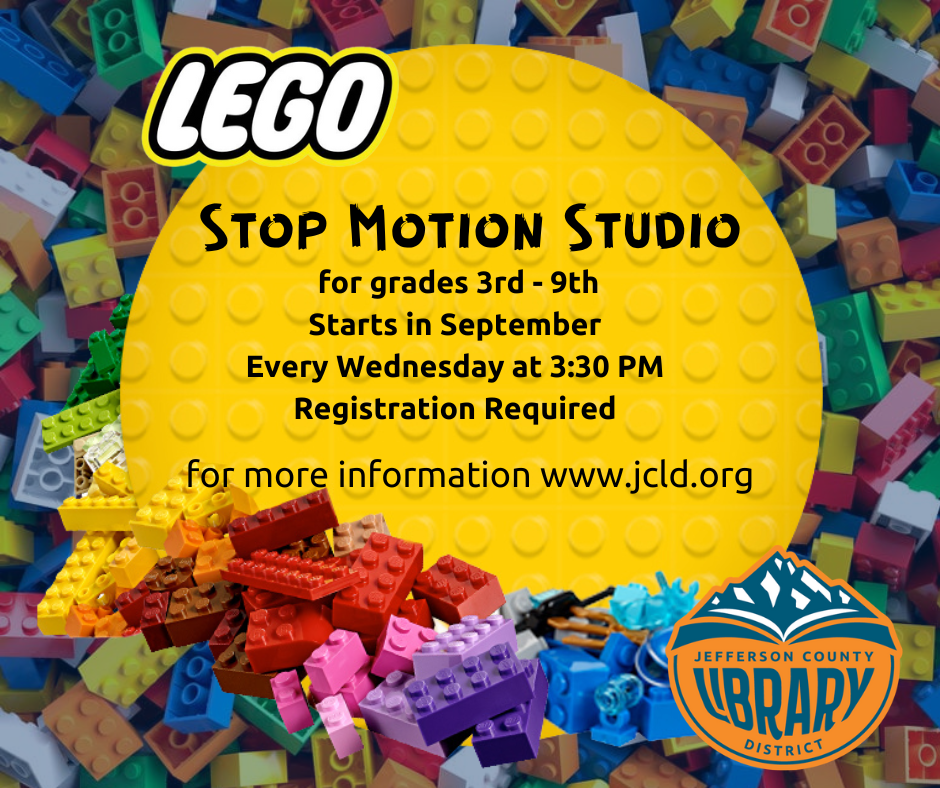 Lego Stop Motion Studio for grades 3rd-9th. Starts in September. Every Wednesday at 3:30 pm. Registration Required.