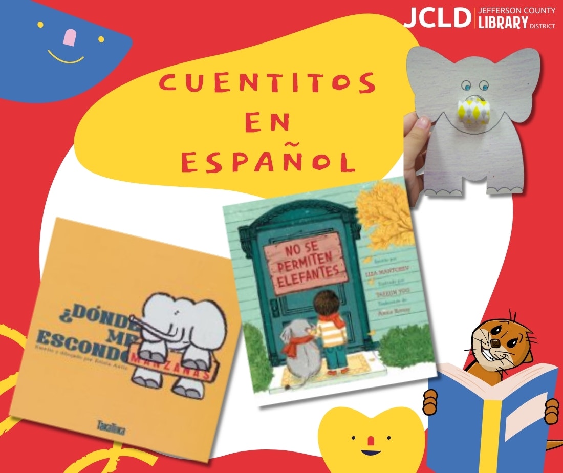 The image promotes Spanish children's books at the Jefferson County Library, featuring playful designs and titles.