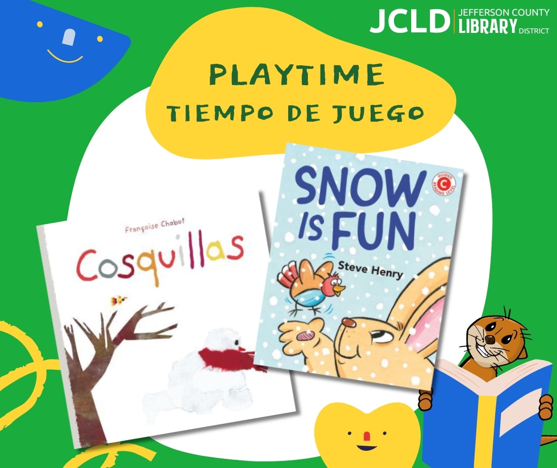 The image features two children's books: "Cosquillas" by Françoise Chabot and "Snow is Fun" by Steve Henry, with a playful design.