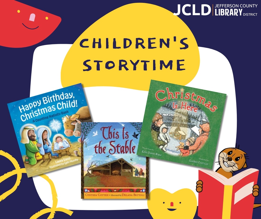 The image promotes a children's storytime event with three featured books about Christmas themes.