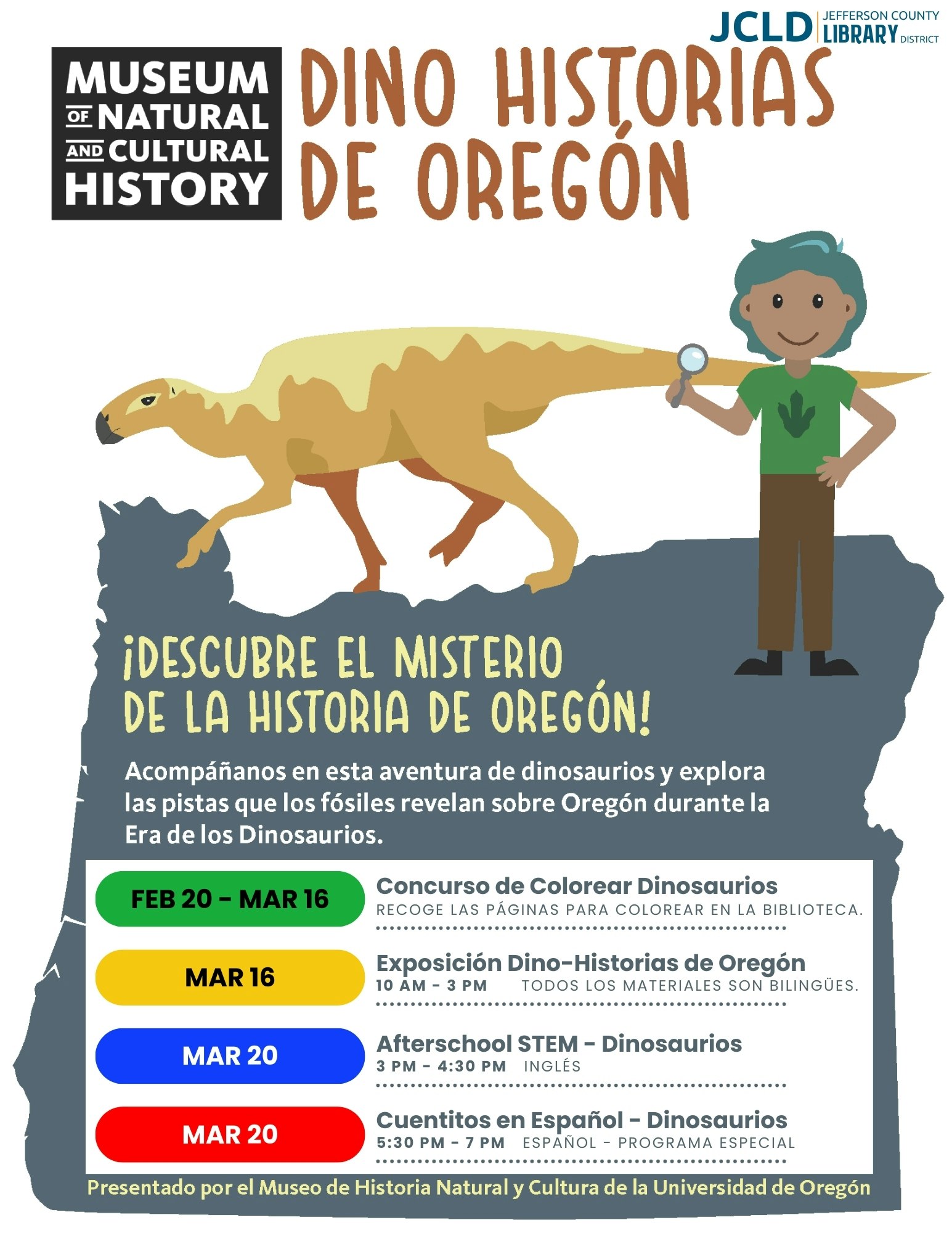 Poster for Oregon's dinosaur history events at a museum, featuring cartoon dinosaur and child with magnifying glass.