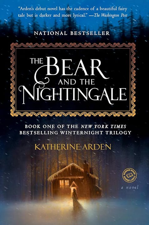 The image features the book cover of "The Bear and the Nightingale" by Katherine Arden, the first in the Winternight Trilogy.