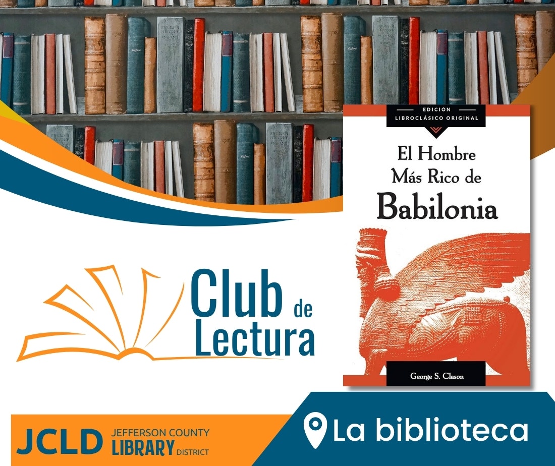 The image promotes a reading club featuring the book "El Hombre Más Rico de Babilonia" by George S. Clason, with a library backdrop.