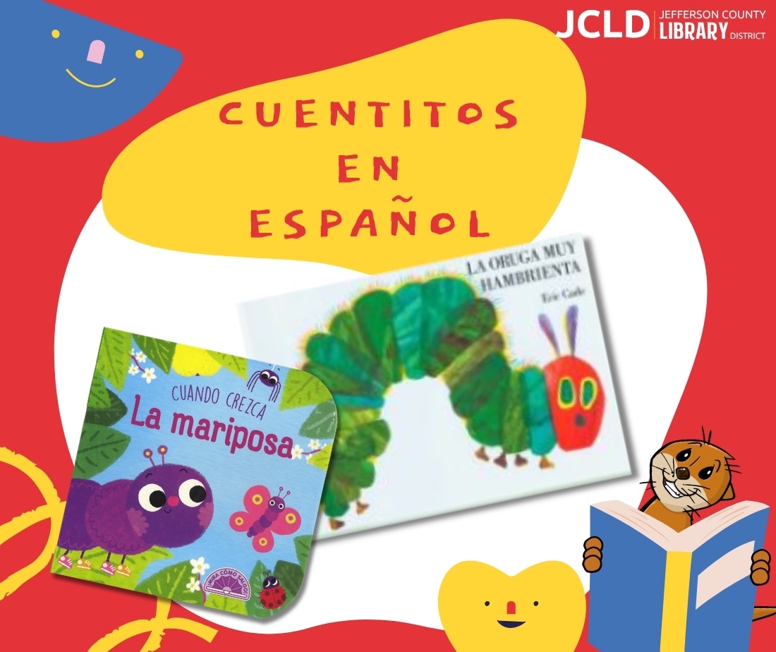 Image promoting Spanish children's books, featuring "La Oruga Muy Hambrienta" and "Cuando Crezca La Mariposa." Fun, colorful design!