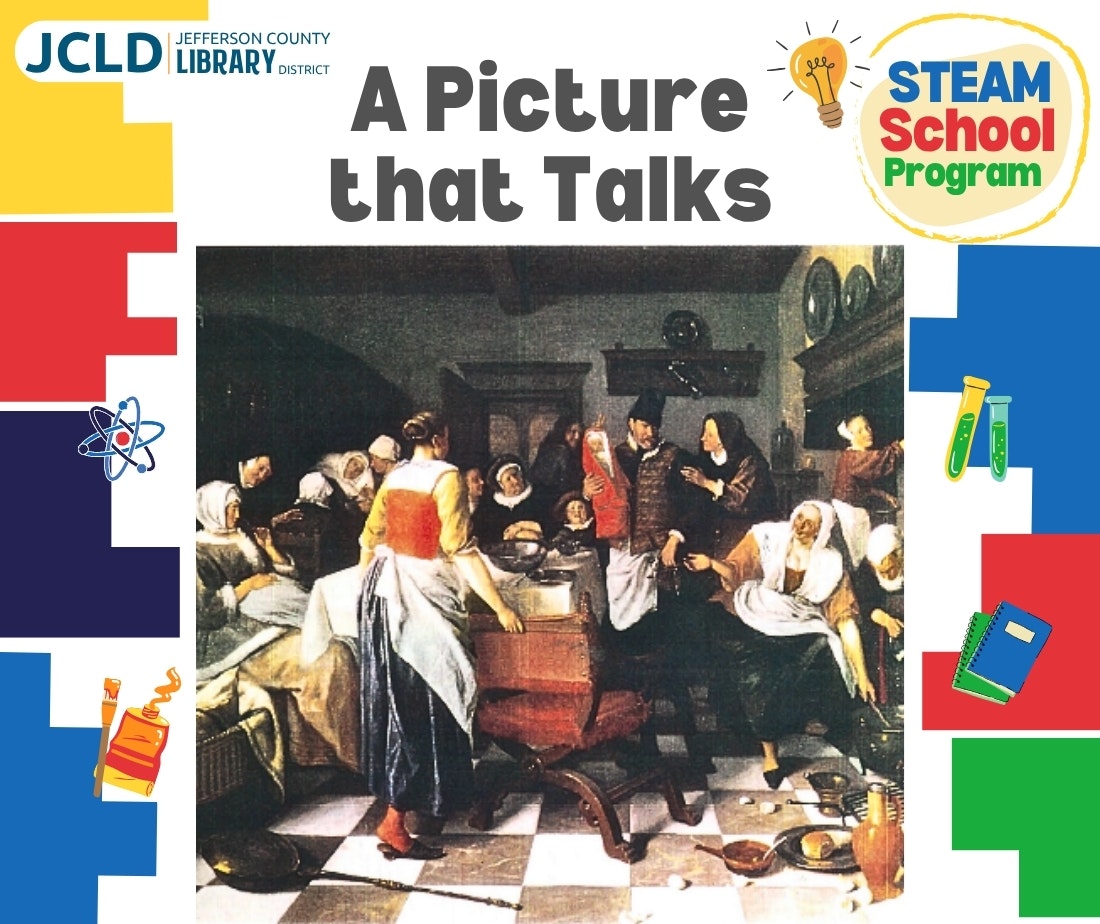 A program titled "A Picture that Talks" by JCLD with a historical kitchen scene, part of a STEAM School Program.