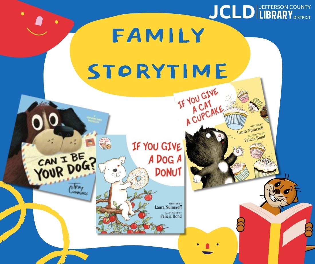 The image promotes a "Family Storytime" event at the Jefferson County Library District, featuring popular children's books.