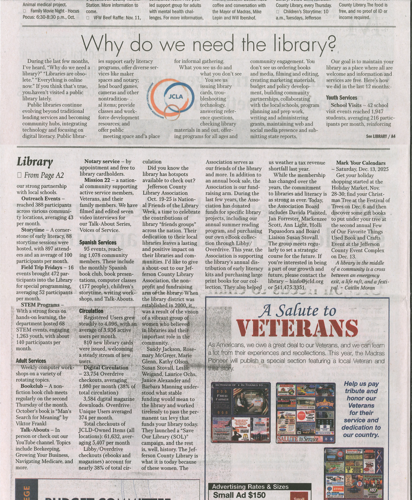 A newspaper page featuring an article on the importance of libraries, library services, and a salute to veterans section.