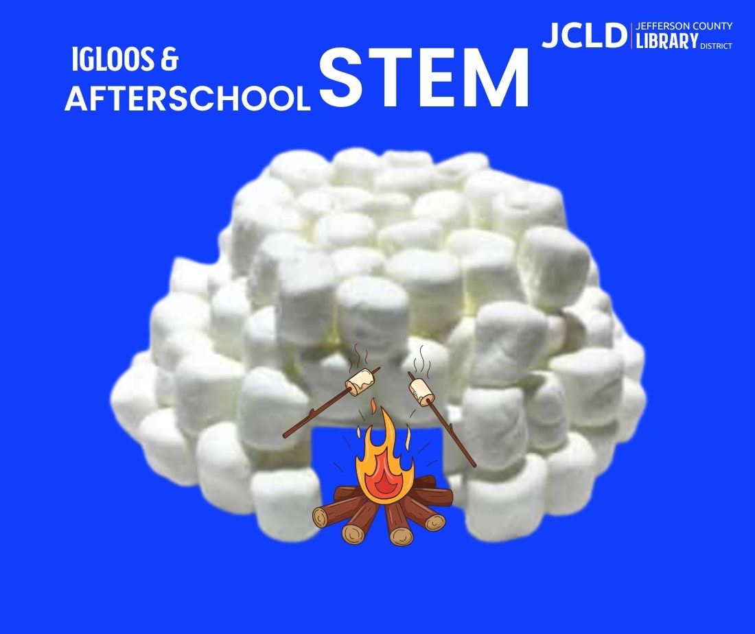 The image features a structure made of marshmallows, with a campfire graphic and text about a STEM activity at a library.