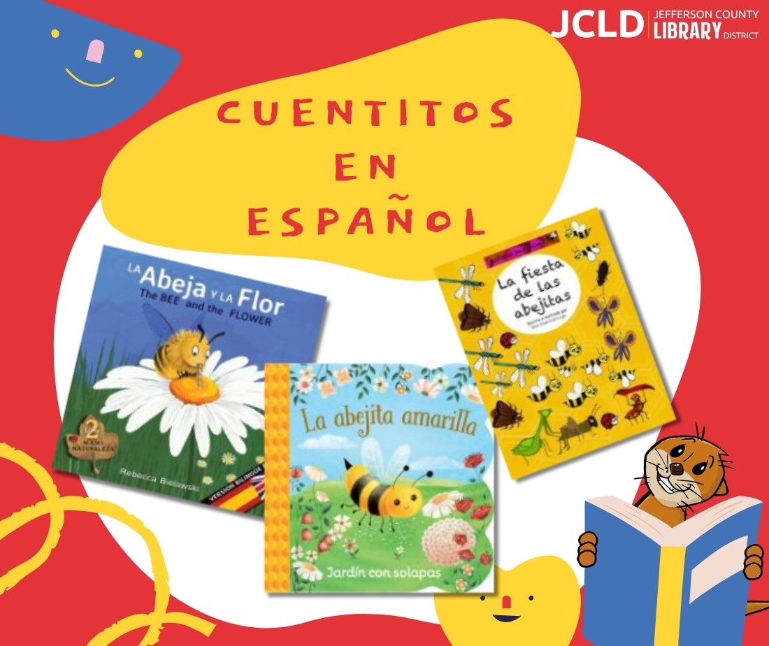 Colorful graphic promoting Spanish children's books about bees, featuring titles "La Abeja y La Flor," "La Abejita Amarilla," and "La Fiesta de las Abejitas."