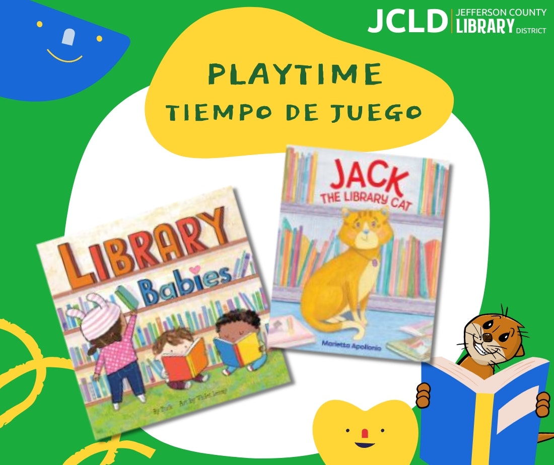 Two children's books with colorful covers, "Library Babies" and "Jack the Library Cat," are featured in a playful library-themed image.