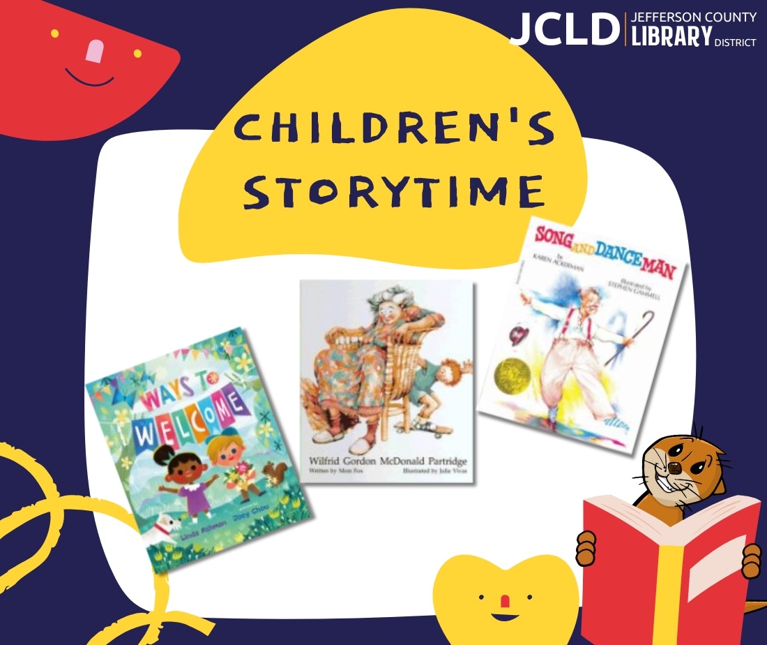 Children's Storytime poster with three books featured, hosted by Jefferson County Library District.