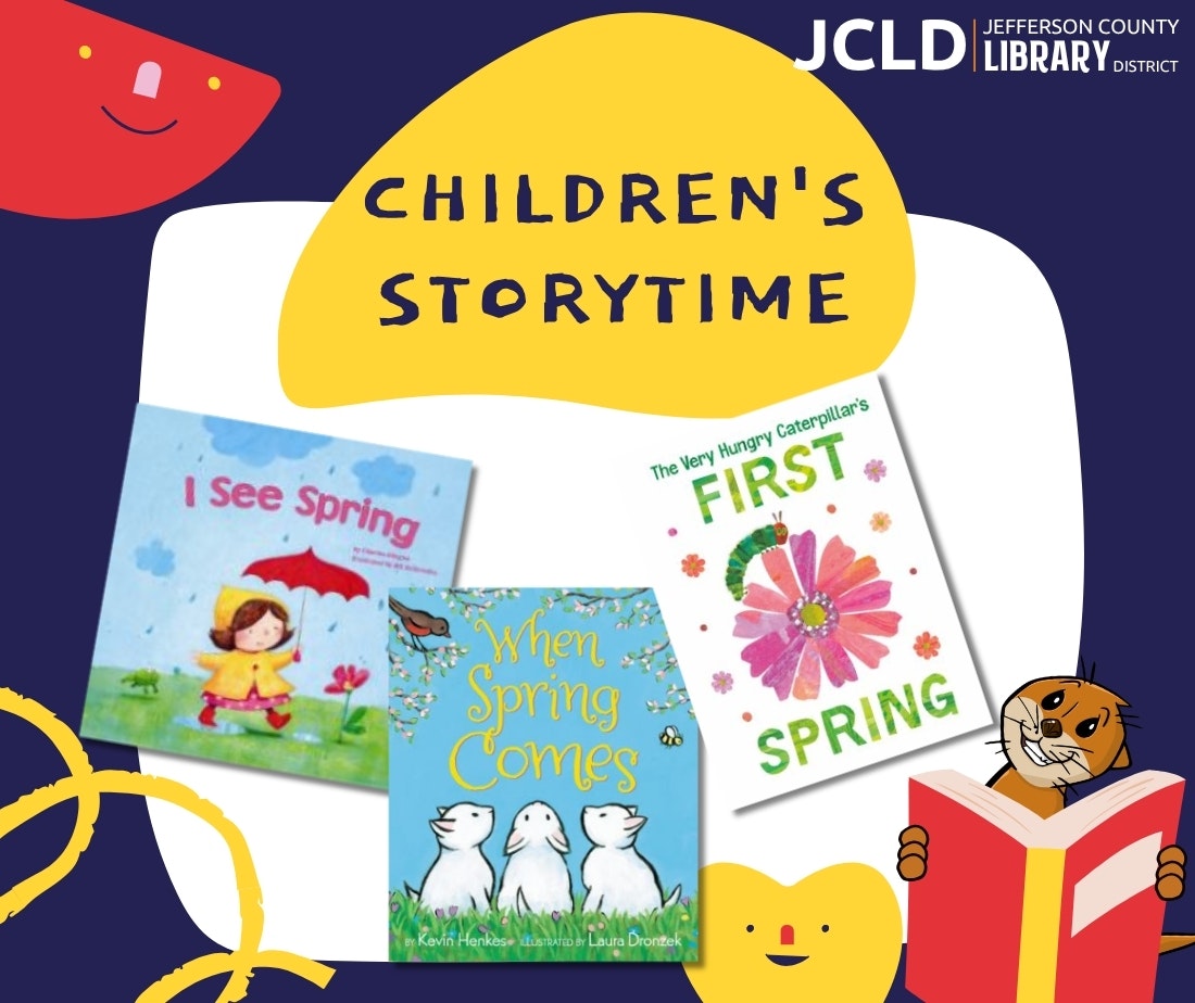 Children's storytime at Jefferson County Library, featuring spring-themed books like "I See Spring" and "When Spring Comes."