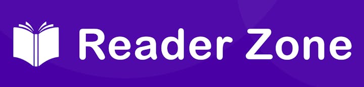 The image shows a logo with the text "Reader Zone" and an icon of an open book, all set against a purple background.