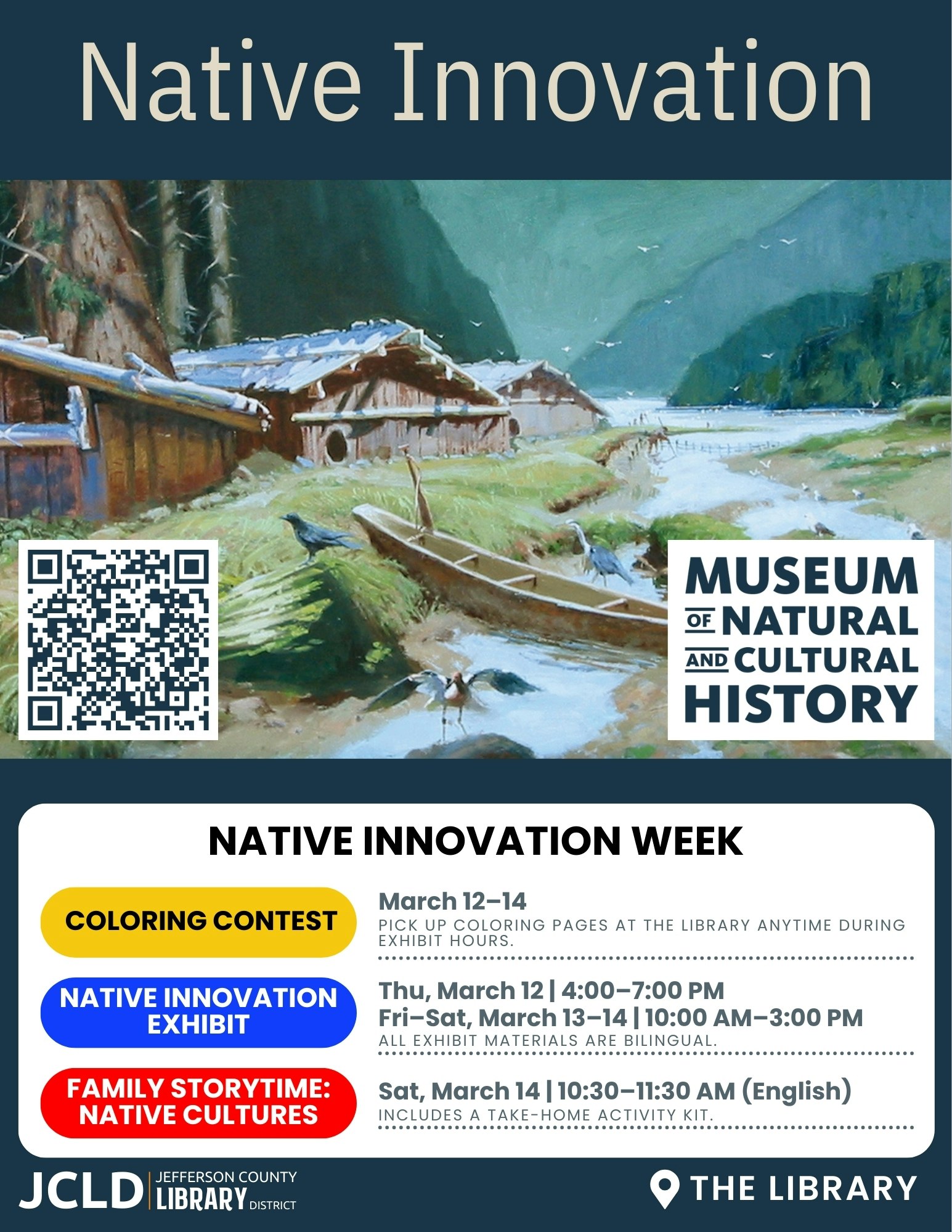 Event flyer for "Native Innovation Week" at the Museum of Natural and Cultural History, featuring a coloring contest and family storytime.
