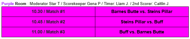 Schedule for matches in the Purple Room: 10:30 - Barnes Butte vs. Steins Pillar, 10:45 - Steins Pillar vs. Buff, 11:00 - Buff vs. Barnes Butte.