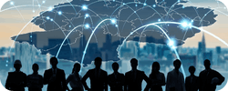 Silhouetted business people, cityscape, global network lines.