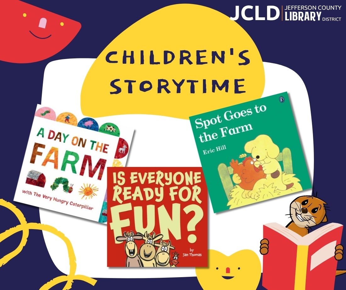 The image promotes "Children's Storytime" at Jefferson County Library, featuring farm-themed books for kids.