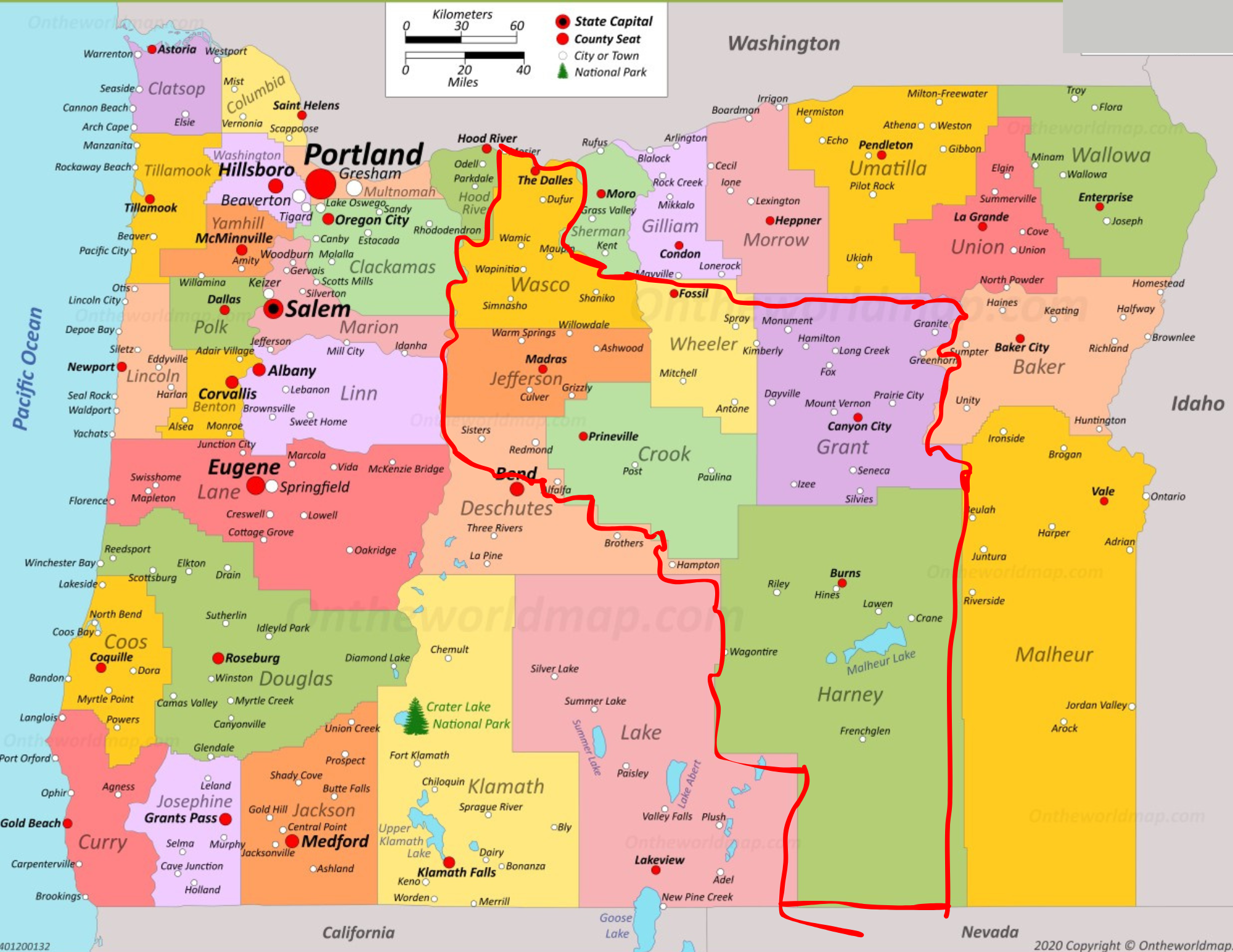 A map of Oregon showing counties with a red outline around several eastern and central counties.
