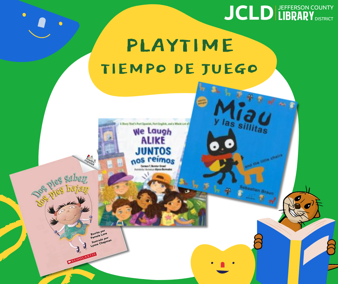 Books and colorful designs promoting "Playtime/Tiempo de Juego" by Jefferson County Library District.