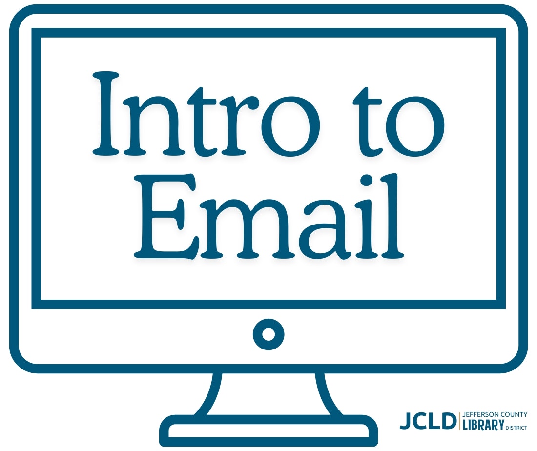 "Intro to Email" text inside a computer icon, with Jefferson County Library District logo.