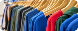 A row of colorful shirts hanging on wooden hangers in a clothing store.