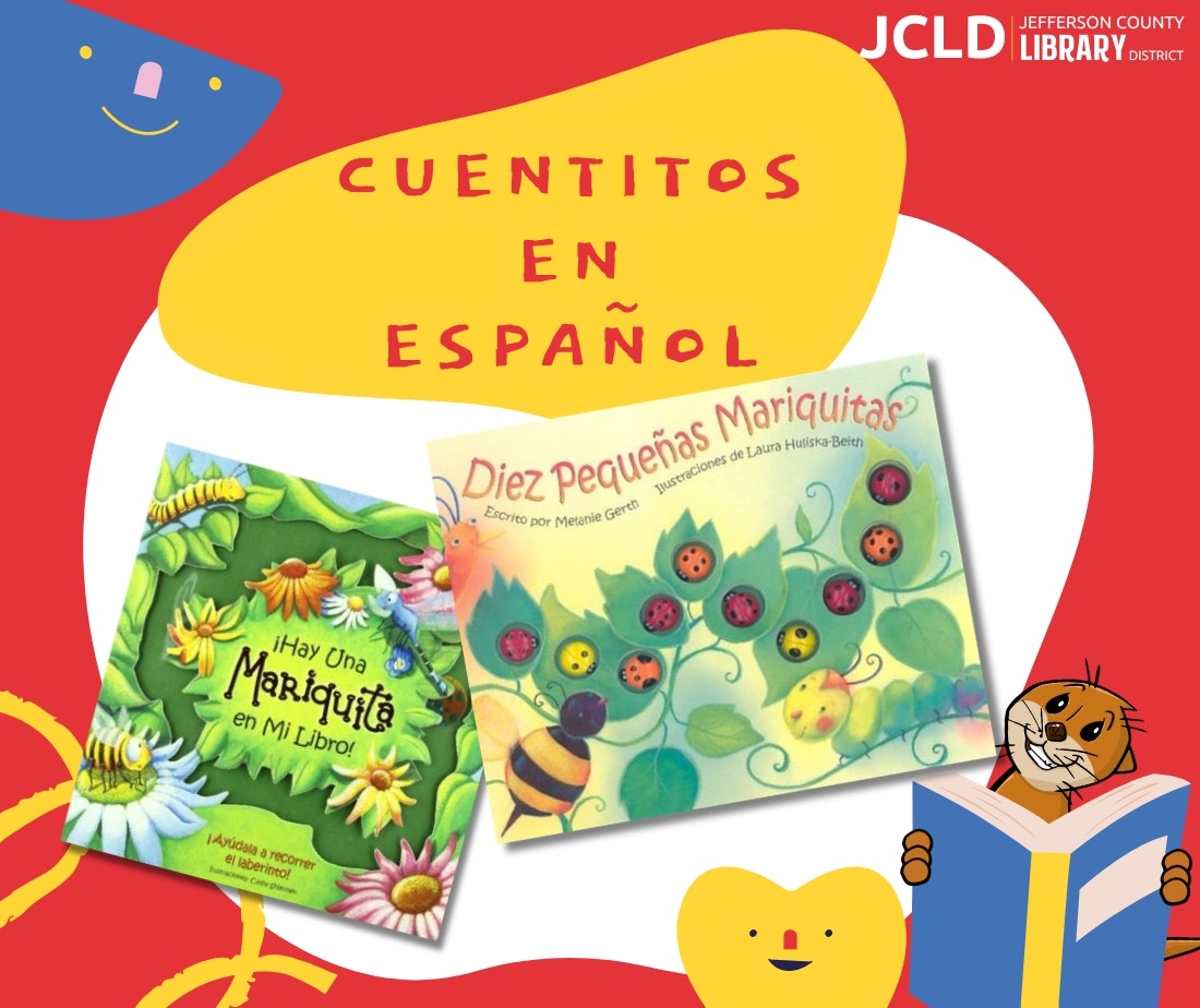 The image features Spanish children's books, specifically "Diez Pequeñas Mariquitas" and "¡Hay Una Mariquita en Mi Libro!"