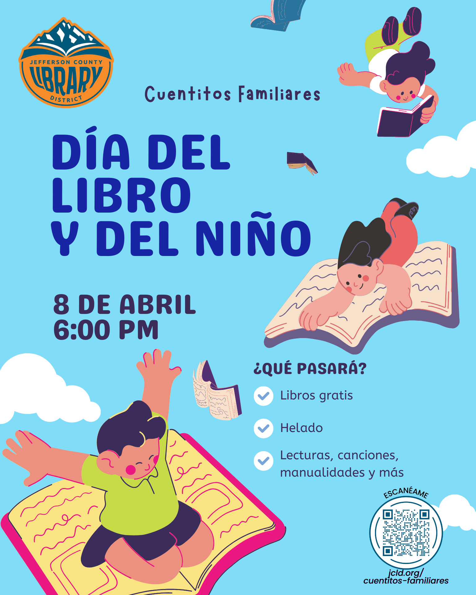 A flyer for "Día del Libro y del Niño" at Jefferson County Library on April 8, featuring free books, ice cream, and activities.